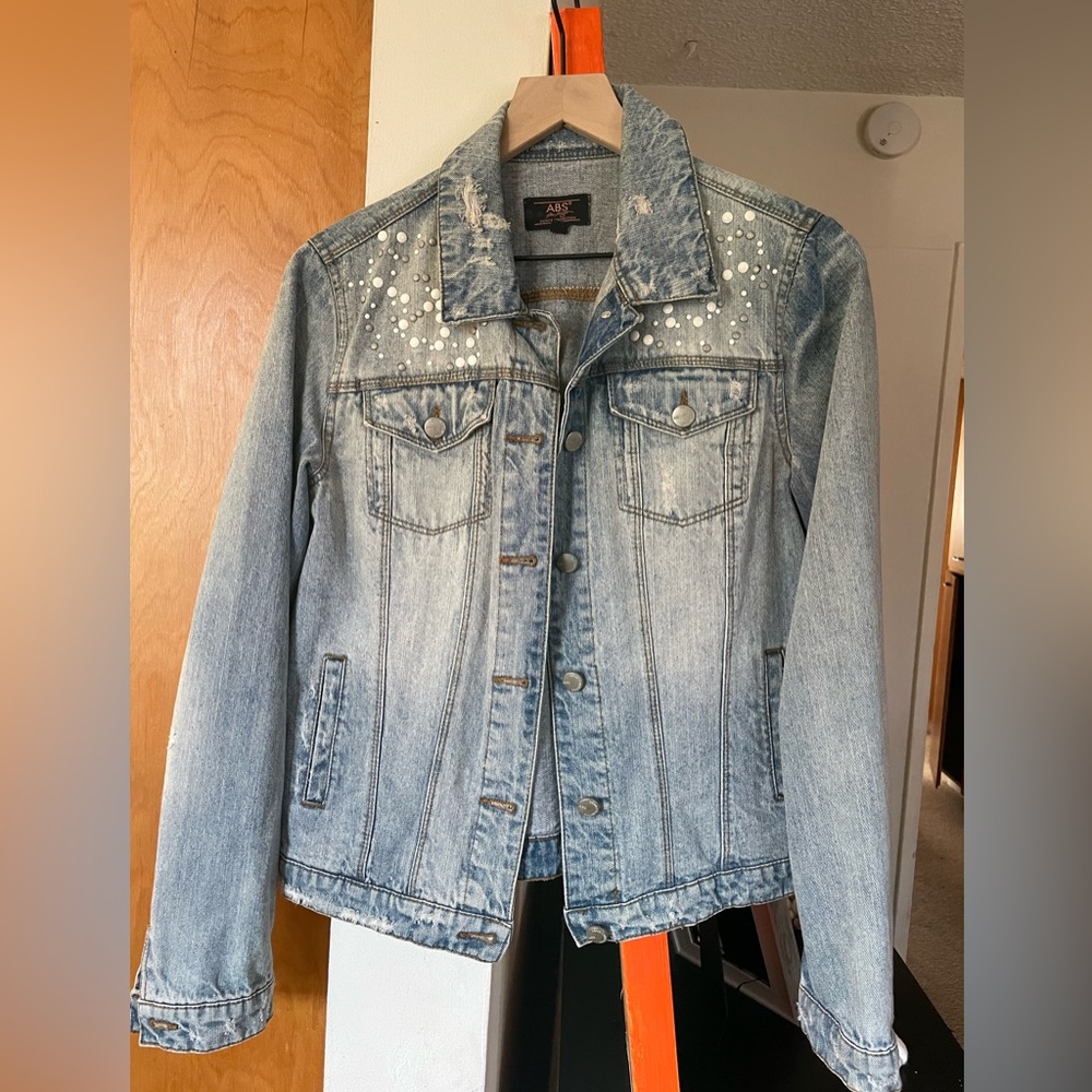 Studded washed distressed denim jacket size Small